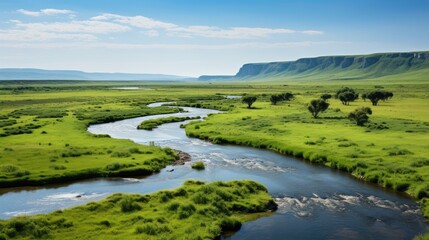Obraz premium A beautiful aerial picture of verdant meadows and the Seine River in rural France. Northern France's Ile de France region, Val d'Oise department. Generative . 