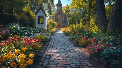 A serene church garden with a stone pathway, surrounded by vibrant flower beds and tall trees, the church building in the background, sunlight casting gentle shadows, a peaceful and inviting scene,