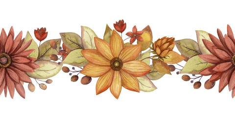 Seamless border with autumn watercolor flower and leaf. Hand drawn floral arrangement with blooming in rustic style red and orange color. Perfect for fall botanical frame and card designs.