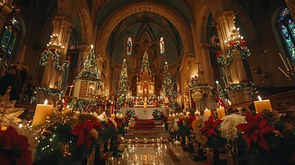 Obraz premium A wide-angle shot of a Christmas service in a church, the altar featuring a beautifully decorated nativity scene, garlands, and candles, the congregation gathered in joyful worship,