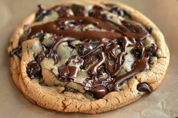 Detailed view of a chocolate chip cookie with melted chocolate on top