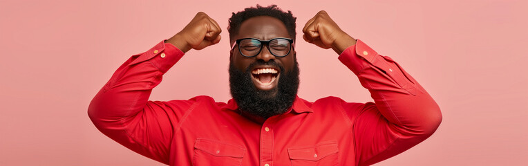 Triumphant celebration: An individual raises clenched fists in victory. 