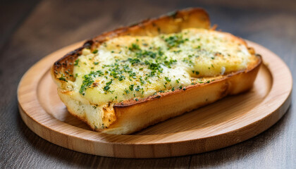 Garlic bread with melted cheese on wooden plate. Fresh out of the oven. Tasty snack. Delicious food