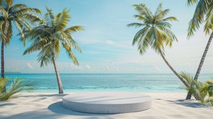 3D rendering of a round podium on a tropical beach with palm trees and an ocean view. background for product display, presentation mock up or beautycosmeticjewelry promotion scene.