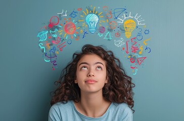 Young Woman Thinking With Drawings on Wall