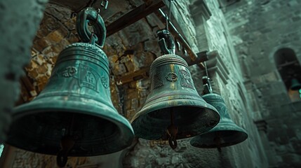 Obraz premium Close-up of church bells inside a bell tower, detailed engravings and aged metal, soft daylight filtering through the stone openings, capturing the texture and history,