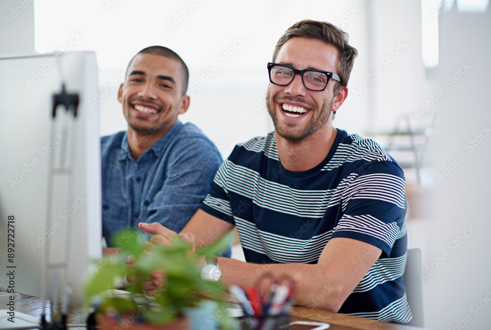 Poster portrait, men and laughing on computer in office for creative planning, teamwork and feedback of pro