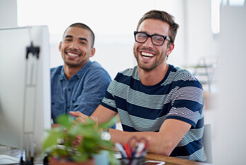 Portrait, men and laughing on computer in office for creative planning, teamwork and feedback of project. Happy, people and pc to review email, information and web design for startup development