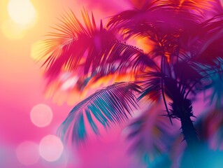 Obraz premium summer 3d background, palm trees, close up, focus on, intense colors, Double exposure silhouette with palm trees