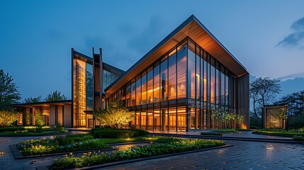 Innovative church architecture with a modern design, characterized by sharp angles and a mix of glass, steel, and wood materials, an open garden area surrounding the building,