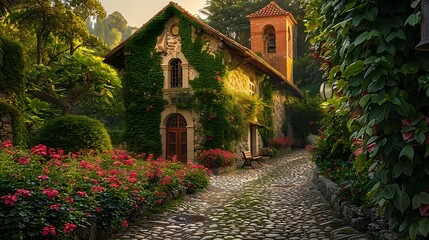 Obraz premium Historic chapel in a quaint village, ivy-covered walls, a small bell tower, cobblestone path leading to the entrance, lush gardens and blooming flowers in the foreground,