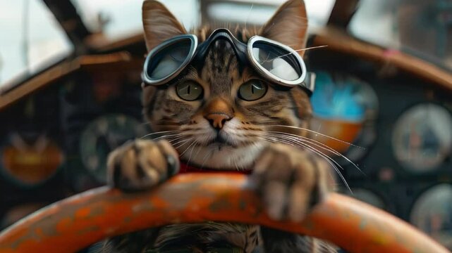 Portrait of a vintage cat pilot with aviator glasses, airplane pilot with goggles in cockpit
