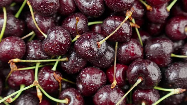 Ripe red cherries glistening with moisture. Close-up view of bountiful harvest of cherries. Freshly picked cherries. Dolly shot using macro probe lens. 4K, UHD