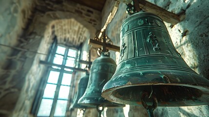 Fototapeta premium Interior shot of a church bell tower, focusing on the large bronze bells, weathered and aged, intricate designs visible, sunlight filtering through the slits in the tower,