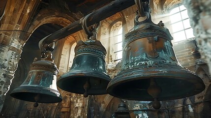 Interior shot of a church bell tower, focusing on the large bronze bells, weathered and aged, intricate designs visible, sunlight filtering through the slits in the tower,