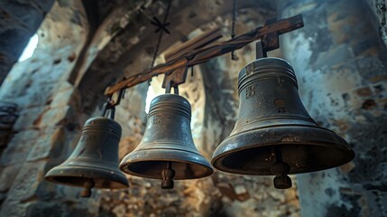 Obraz premium Majestic church bells in a towering bell tower, the bells prominently displayed, the stone structure weathered with age, soft light filtering in, creating an atmosphere of reverence and history,