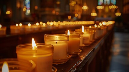 Rows of prayer candles in a church, their flames casting a soft, warm light, the church interior subtly visible in the background, the atmosphere serene and sacred, each candle representing a prayer,