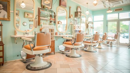 A retrovintage beauty salon design with classic barber chairs, antique mirrors, and nostalgic decor...