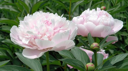 Fototapeta premium Two pink peony flowers in full bloom surrounded by dark green leaves