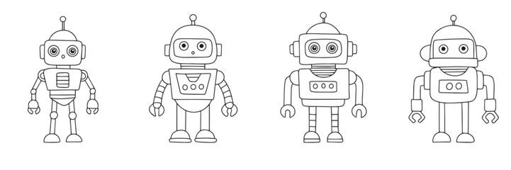 Collection of retro robots in doodle style. Hand drawn vector art.
