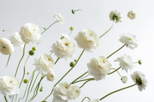 Close-up of white ranunculus flowers with delicate petals against a light background