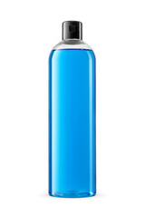 Blue shower gel or shampoo in plastic bottle with black cap isolated. Transparent PNG image.