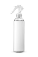 A clear plastic spray bottle with a trigger sprayer, isolated. Transparent PNG image.