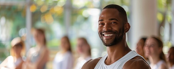 A fitness instructor guiding a class, with vitamins and supplements visible, emphasizing care in physical health and wellness