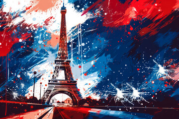 A stylized, abstract painting of the Eiffel Tower in Paris at night, with vibrant colors and brushstrokes.