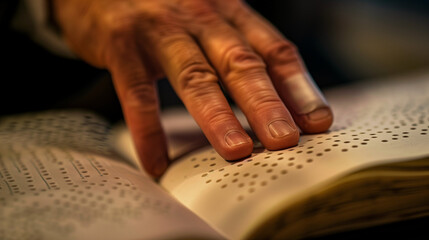 Close-up of an elderly hand reading a Braille book.