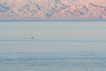 Obraz premium A person on a sap board in Gulf of Aqaba of Red Sea on the background of Saudi Arabia's mountains on sunset. Dahab, Egypt.