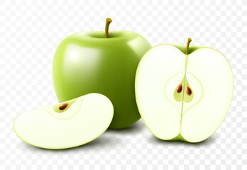 Green ripe juicy apple isolated on transparent background. A whole apple and pieces of a delicious apple. Realistic 3d vector illustration. Bright fruit composition. Template for your summer design