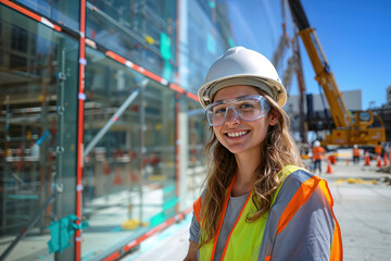A woman wearing a hard hat and safety vest stands in front of a building.