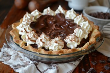 Closeup of a rich chocolate pie topped with swirls of whipped cream, ready to be served