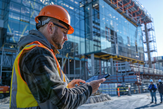 A construction worker wearing a safety vest is using a tablet to check a building's blueprints