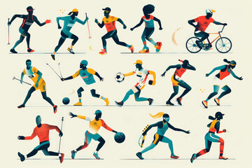 Olympic Games. Colorful illustration of silhouettes of athletes participating in a variety of sports including running, cycling, soccer and more.