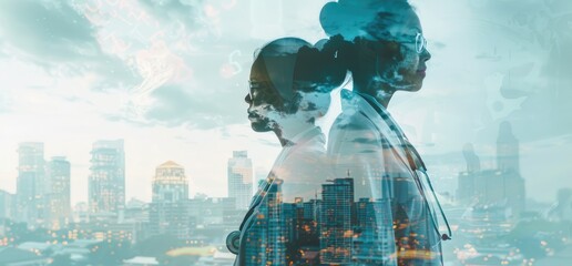 Two Doctors Silhouetted Against a City Skyline