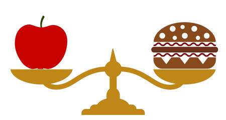 Dilemma of the balance apple fruit and hamburger, nutrition diet lifestyle, fitness eating choice, healthy natural organic fresh vegetarian food vs unhealthy processed fast junk food meat