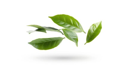 Fototapeta premium A white background with green tea leaves floating and swirling in the air