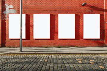 Four vertical blank white poster mock up on side of brick building, side walk and street in foreground, copy space