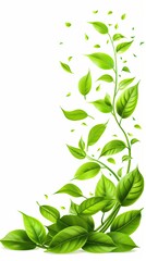 A white background with green tea leaves floating and swirling in the air