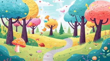 Whimsical cartoon illustration of a forest landscape