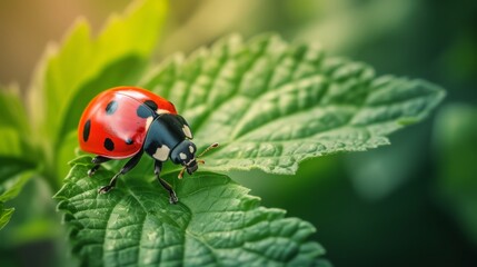 Fototapeta premium Close-up of a vibrant red ladybug perched on a fresh green leaf