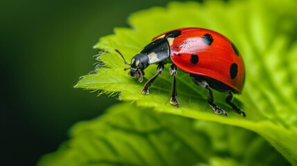 Fototapeta premium Close-up of a vibrant red ladybug perched on a fresh green leaf