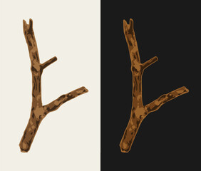 Obraz premium Dry thick wooden stick on a white, dark background. Tree branch without leaves. Image tracing, cleaned and simplified illustration. Realistic style. Not AI.