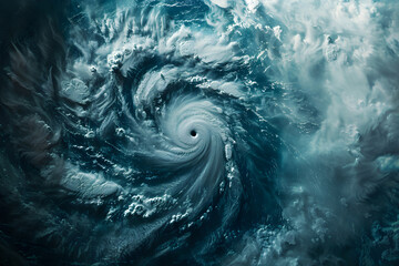 Satellite view of hurricane swirling over ocean. Design for natural disaster, tropical storm, typhoon, cyclone or tornado banner. Earth Day, science fairs, climate change event concept. 