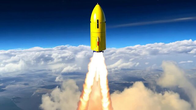 A yellow rocket launches into the sky, leaving a trail of fire and smoke