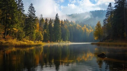 Fototapeta premium Serene misty forest lake with autumn trees and reflections