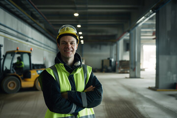 A portrait of an industrial worker wearing safety gear, standing in the interior of his factory with his arms crossed and smiling at the camera
