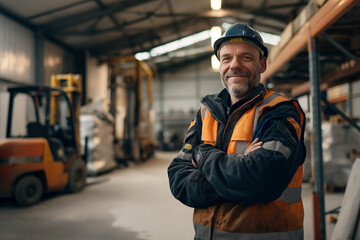 A portrait of an industrial worker wearing safety gear, standing in the interior of his factory with his arms crossed and smiling at the camera